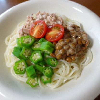 昼食に。
少量の麺つゆでも、納豆とツナマヨでしっかりとした味が付いてますね！
ツルツル素麺とネバネバがよく合ってて、とても美味しかったです♪